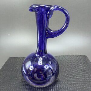 Vintage Hand Blown Art Glass Jug Pitcher Cobalt Blue Glassware Hand Made Decor